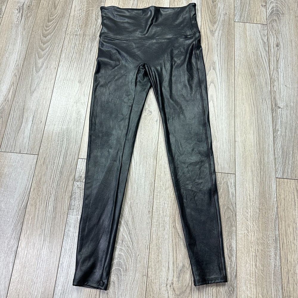 spanx leggings womens large black shiny faux leather